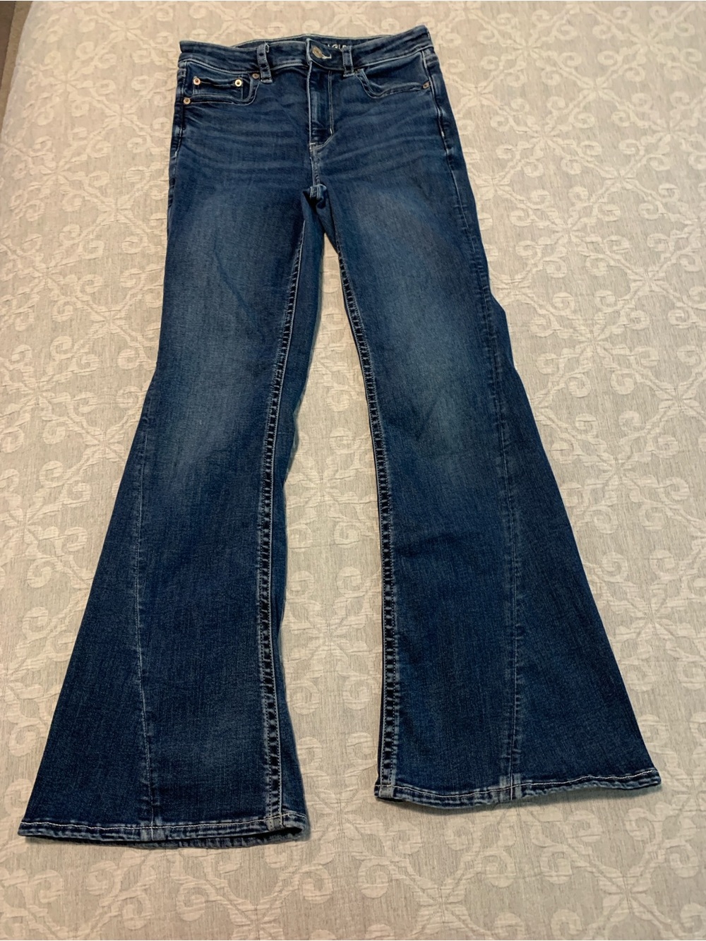 American Eagle Outfitters Dark Indigo Super High-Rise Flare Jeans (Size 6 Short)